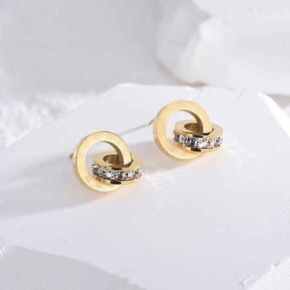 Round Letter Stainless Steel Plating Zircon Earrings - Picture 14 of 17